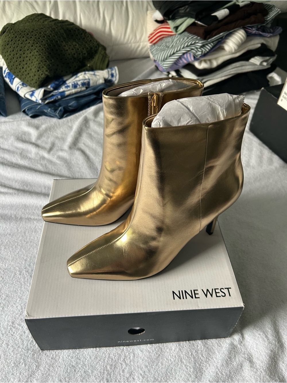 Nine West Gold Metallic Pointed Toe Ankle Booties